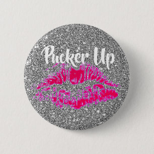 Funny Valentines Bright Pink Kiss Silver Glitter 2 Inch Round Button