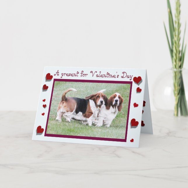 Funny "Valentine's Day" Card w/Bassets & Hearts (Front)