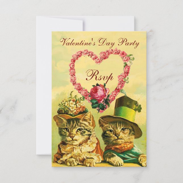 FUNNY VALENTINE'S DAY CATS, PINK ROSE HEART RSVP INVITATION (Front)