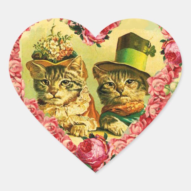 FUNNY VALENTINE'S DAY CATS WITH PINK ROSE HEART STICKER (Front)