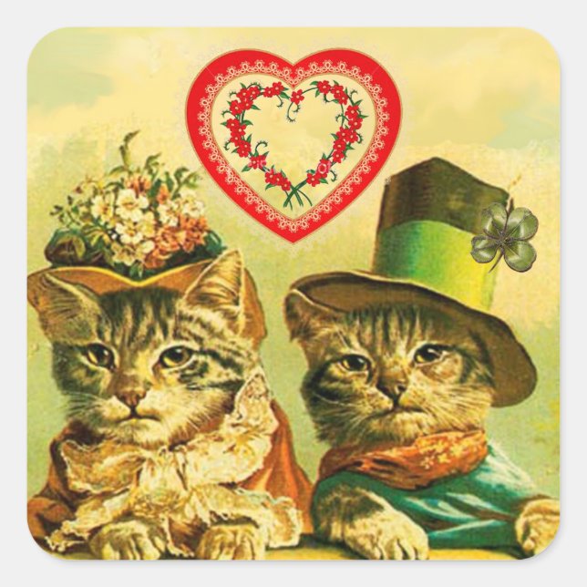 FUNNY VALENTINE'S DAY CATS WITH RED FLORAL HEART SQUARE STICKER (Front)
