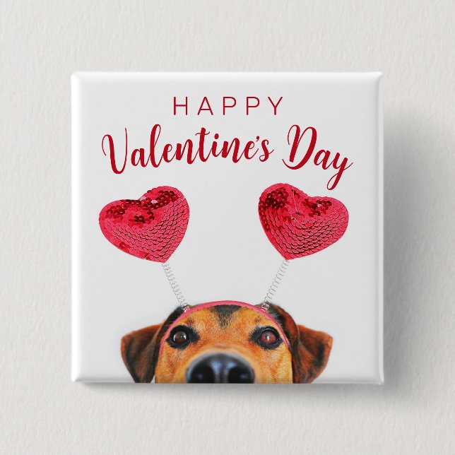 Funny Valentine's Day Dog Cute Heart Headband 2 Inch Square Button (Front)