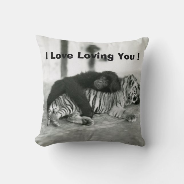 Funny Valentines Day Monkey and Tiger Throw Pillow (Front)