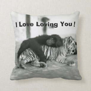 Funny Valentines Day Monkey and Tiger Throw Pillow