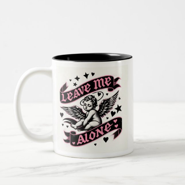 Funny Valentines, Leave me Alone sad cupid Two-Tone Coffee Mug (Left)
