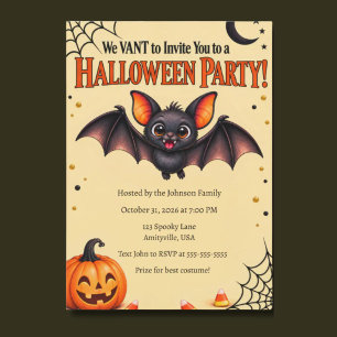 Funny Vampire Bat Halloween Party Invitation