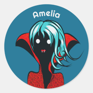 Funny Vampire Girl Cute Goth Character Art Name Classic Round Sticker