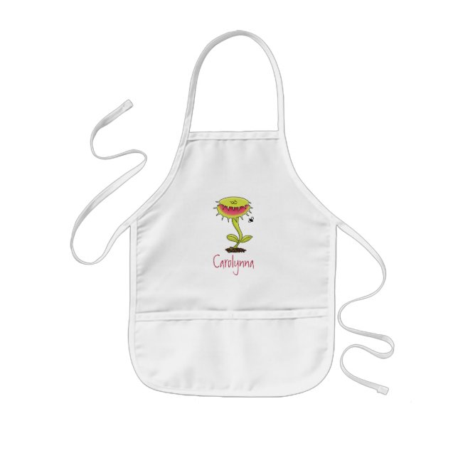 Funny Venus fly trap and fly cartoon illustration Kids Apron (Front)