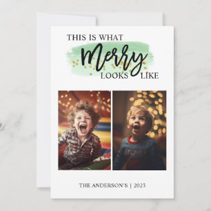 Funny Very Merry Green Watercolor Two Photo Holiday Card