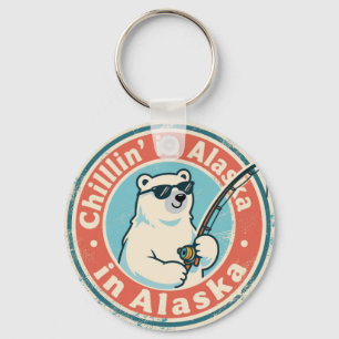 Funny Vintage Alaska Chillin Polar Bear Fishing Keychain