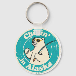 Funny Vintage Alaska Chillin Polar Bear Fishing Keychain