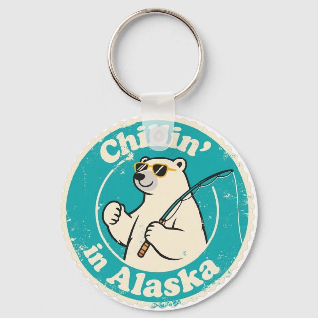 Funny Vintage Alaska Chillin Polar Bear Fishing Keychain (Front)