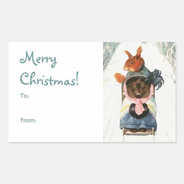 Funny Vintage Animals Sledding "Merry Christmas" Sticker (Front)