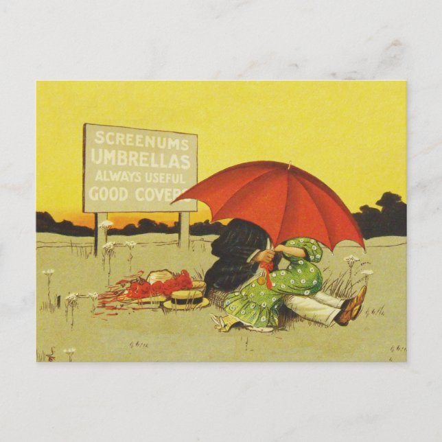 Funny vintage beach umbrella sweethearts postcard (Front)