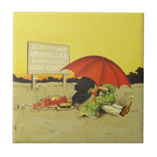 Funny vintage beach umbrella sweethearts tile