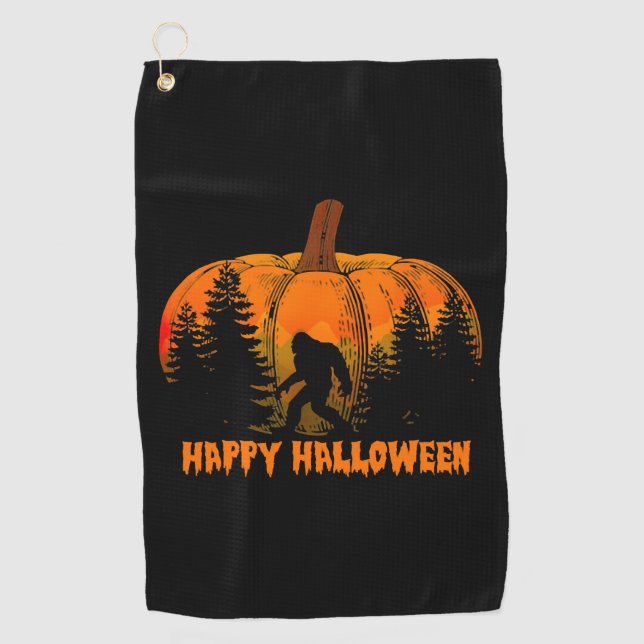 Funny Vintage Bigfoot Pumpkin Halloween Trick Golf Towel (Front)