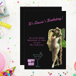 Funny Vintage Butterfly Girl Birthday Invite<br><div class="desc">Fun & funky invite for adults features neon cocktail and "happy hour" with vintage butterfly costumed dancer and pink customizable text  on black background.</div>