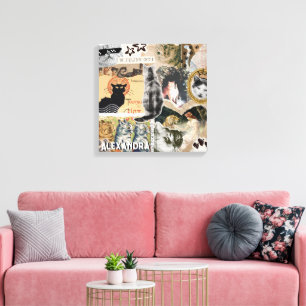 Funny Vintage Cats Art Collage Cat Lover Name Gift Canvas Print