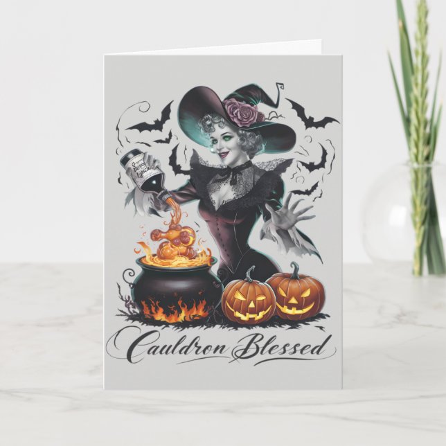 Funny Vintage Cauldron Blessed Witch Halloween Holiday Card (Front)