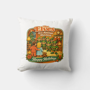 Funny Vintage Christmas Elves Are Always Watching Throw Pillow