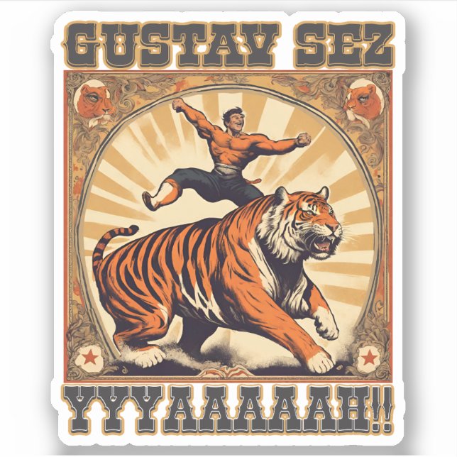 Funny vintage circus tiger strong man yelling (Front)