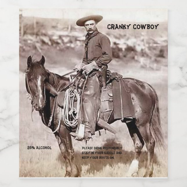 Funny Vintage Cowboy on Horse Wine Label (Single Label)