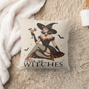 Funny Vintage Drink Up Witches Halloween Throw Pillow