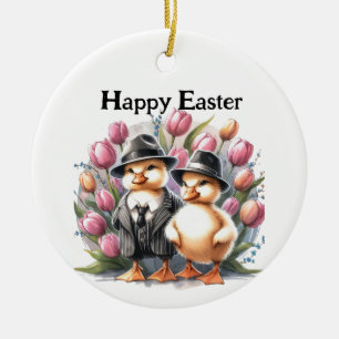 Funny Vintage Easter Ducklings in Suits Pink Tulip Ceramic Ornament