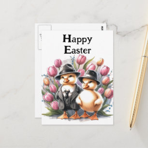 Funny Vintage Easter Ducklings in Suits Pink Tulip Postcard