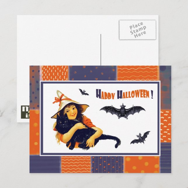 Funny Vintage fille Halloween carte postale (Devant / Derrière)