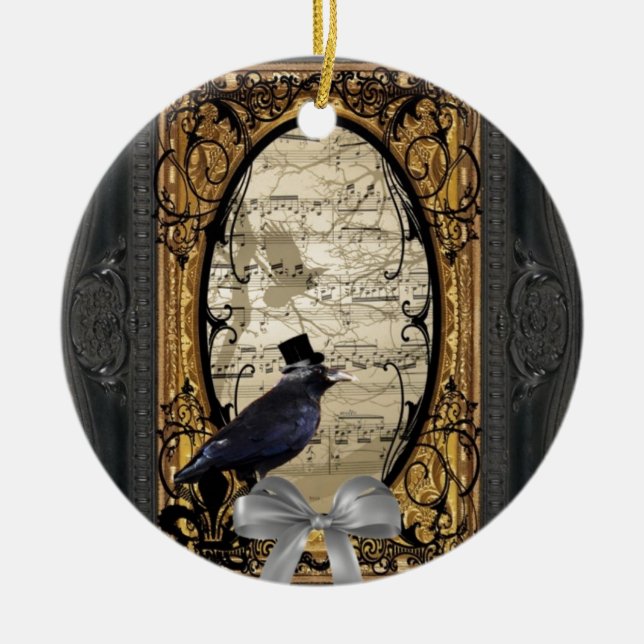 Funny vintage Gothic wedding crow Ceramic Ornament (Front)