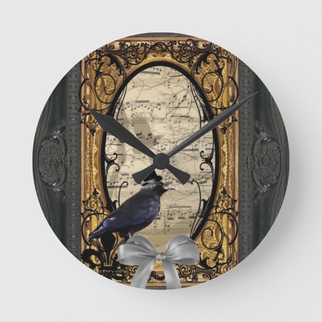 Funny vintage Gothic wedding crow Round Clock (Front)