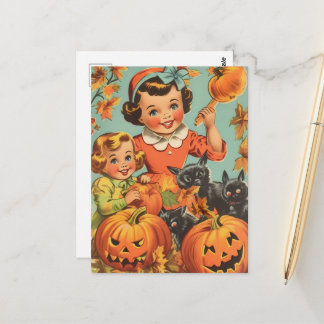 Funny Vintage Halloween Girls Postcard