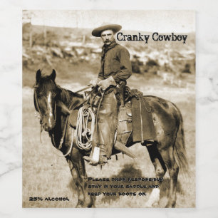 Funny Vintage Image Cranky Cowboy Wine Label