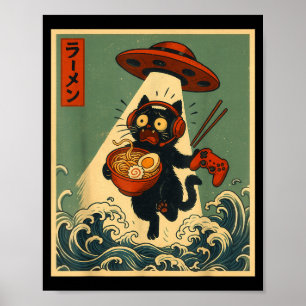 Funny Vintage Japanese Anime Cat Gamer Ramen Ufo G Poster