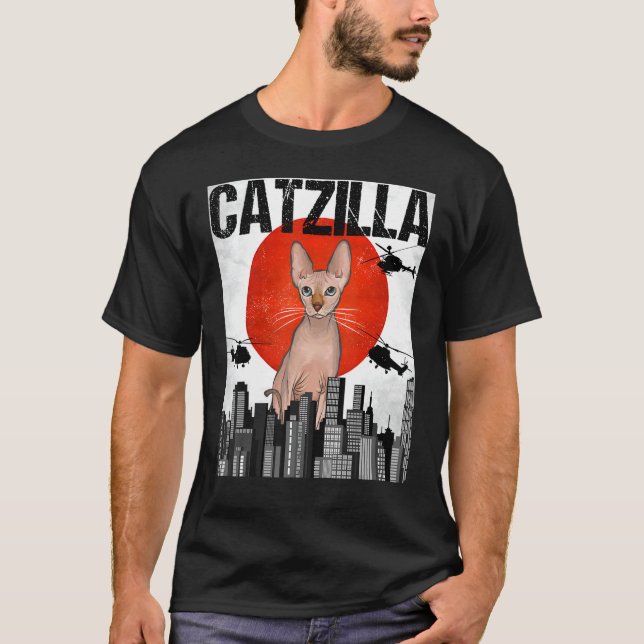 Funny Vintage Japanese Catzilla Sphynx Cat T-Shirt (Front)