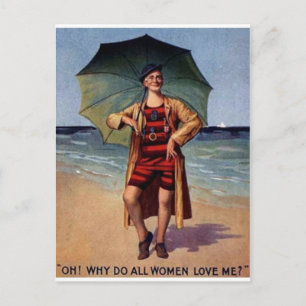 funny vintage man sea bathing suit umbrella poster postcard