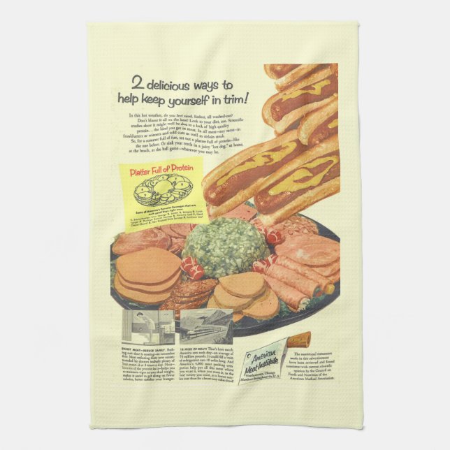 Funny Vintage Meat Institute Ad PLATTER OF PROTEIN Kitchen Towel (Vertical)
