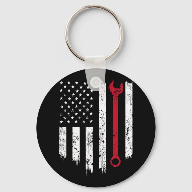 Funny Vintage Mechanic Distressed American Flag Gi Keychain (Front)