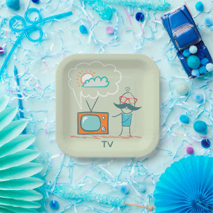 Funny Vintage Television Doodle Character Paper Plate