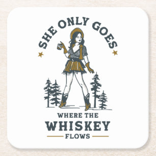 Funny Vintage Western Cowgirl Whiskey Lover Square Paper Coaster
