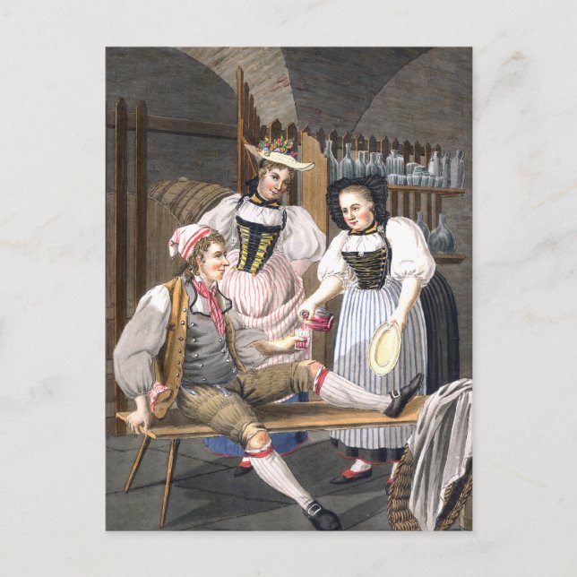 Funny Vintage Wine Cellar Swiss Drinking Scene  Postcard (Front)