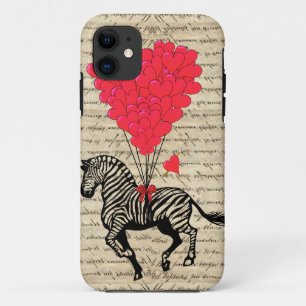 Funny vintage zebra & heart balloons iPhone 11 case