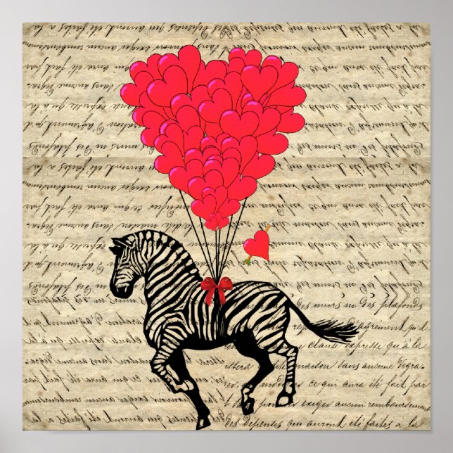 Funny vintage zebra & heart balloons poster (Front)