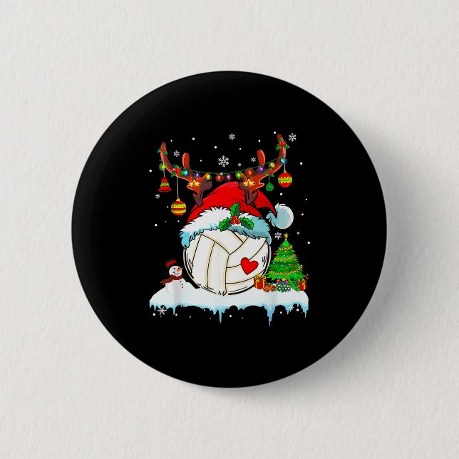 Funny Volleyball Christmas Reindeer Santa Hat Ligh 2 Inch Round Button (Front)