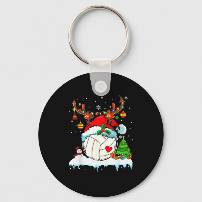 Funny Volleyball Christmas Reindeer Santa Hat Ligh Keychain (Front)