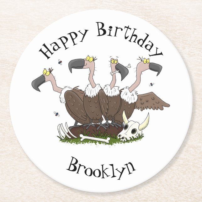 Funny vultures humour cartoon round paper coaster (Front)