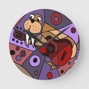 Funny Walrus Playing Guitar Abstract Round Clock