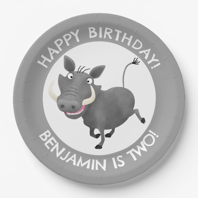 Funny warthog personalized birthday paper plate (Front)