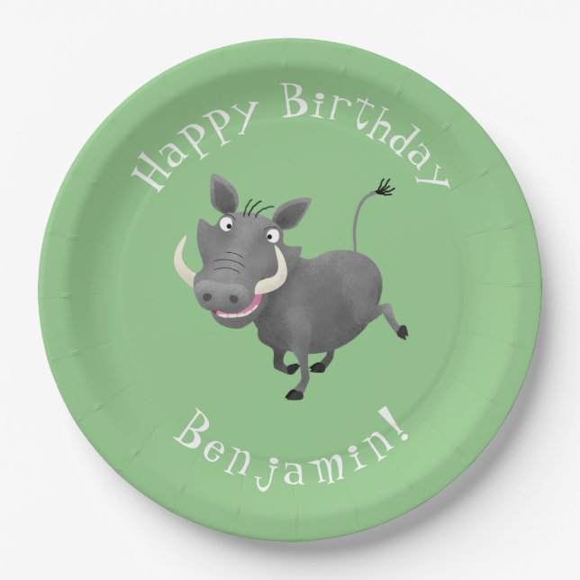 Funny warthog personalized birthday paper plate (Front)